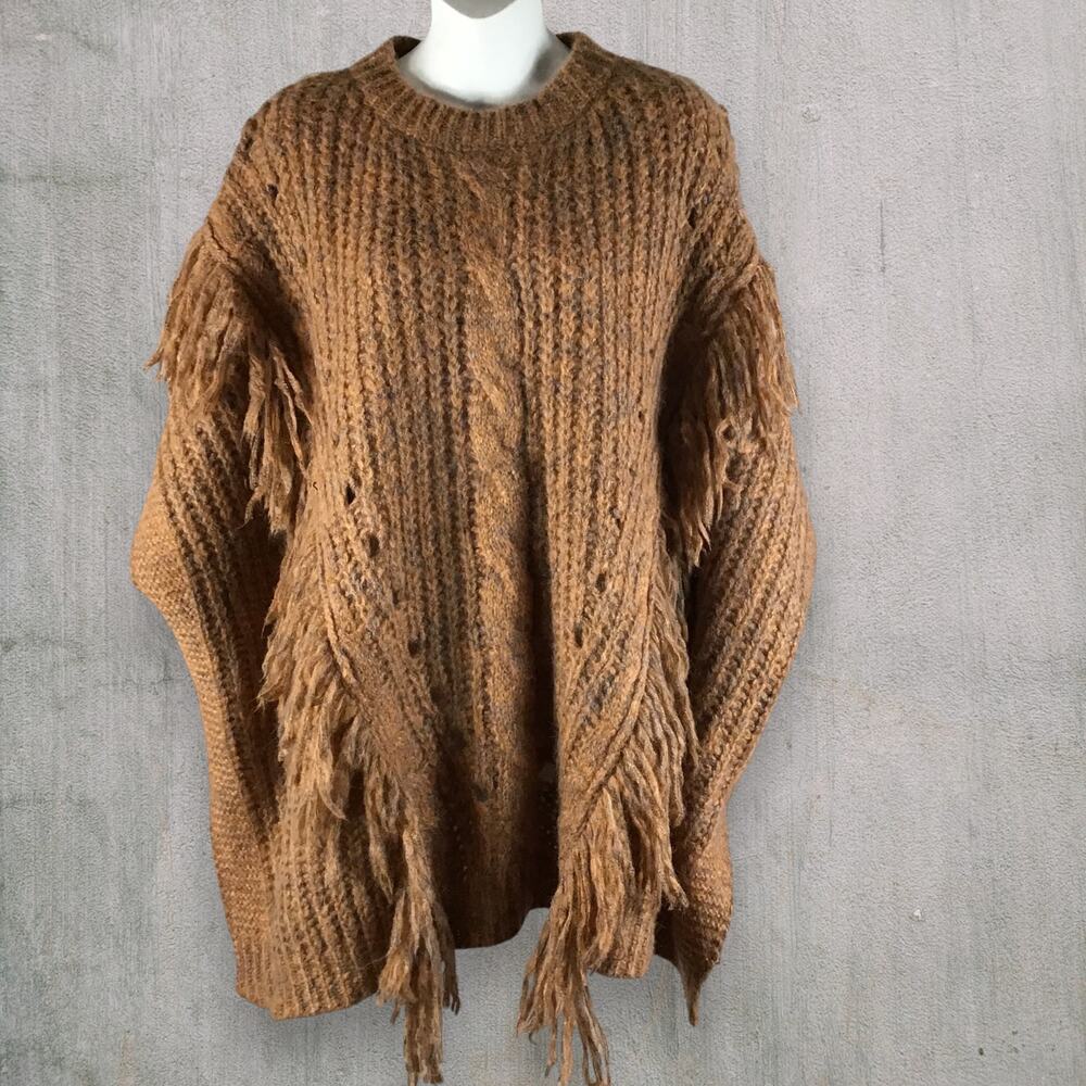 NWT Anthropologie Marled Fringe Poncho One Size Bronze Chunky Cable Knit Sweater